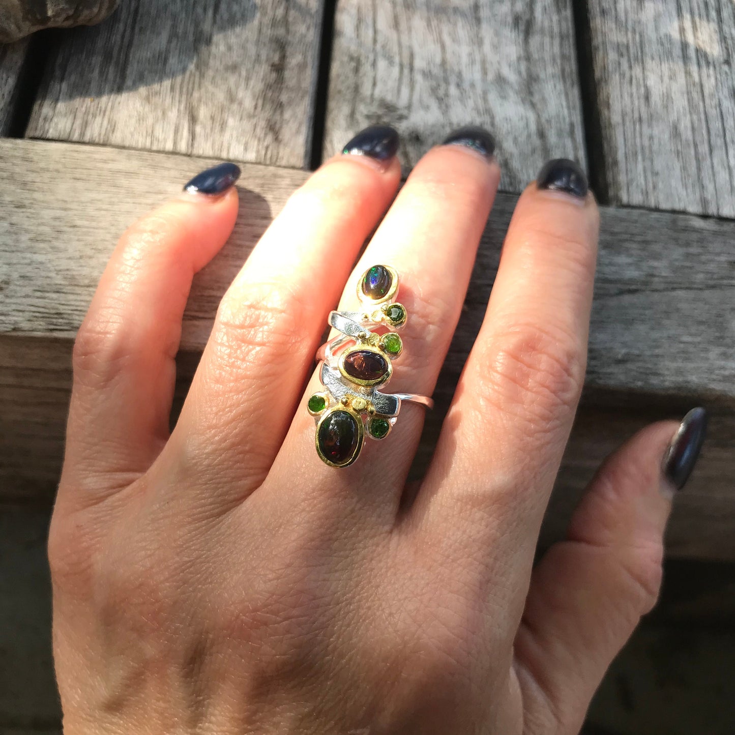 Sterling  Silver Natural Black Fire opal ring 7.5