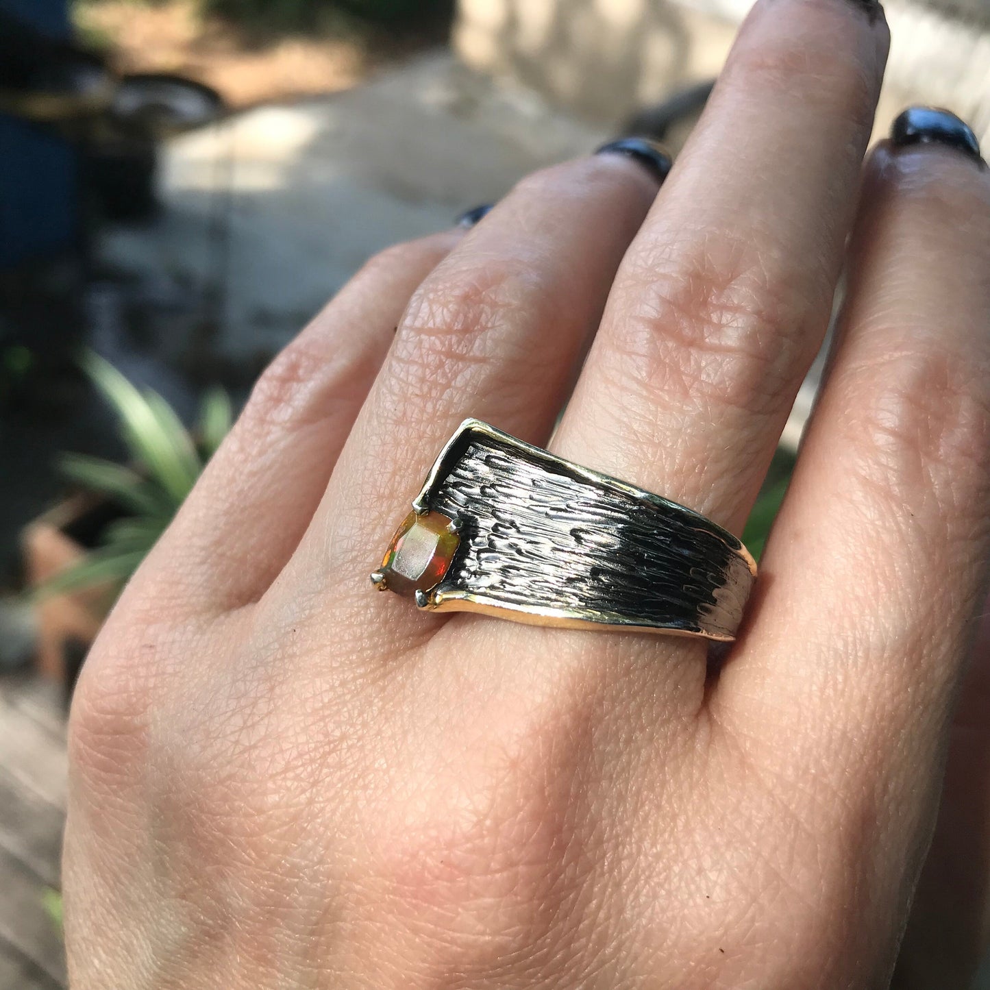 Natural Orange Rainbow opal modernist band Sterling Silver Ring 8.5 Colors Of Etnika
