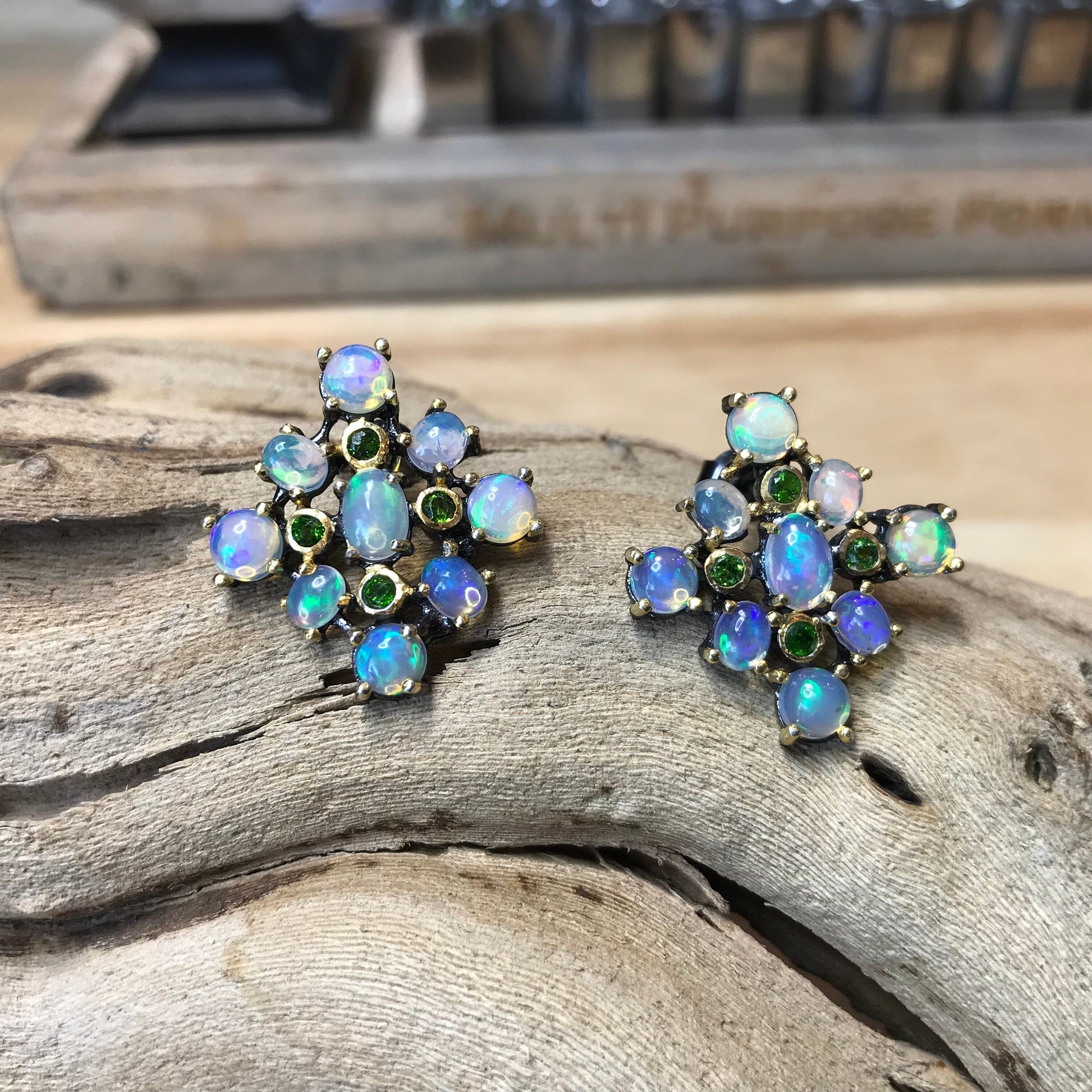 sterling silver natural Rainbow Natural Opal pierce stud earrings Colors Of Etnika