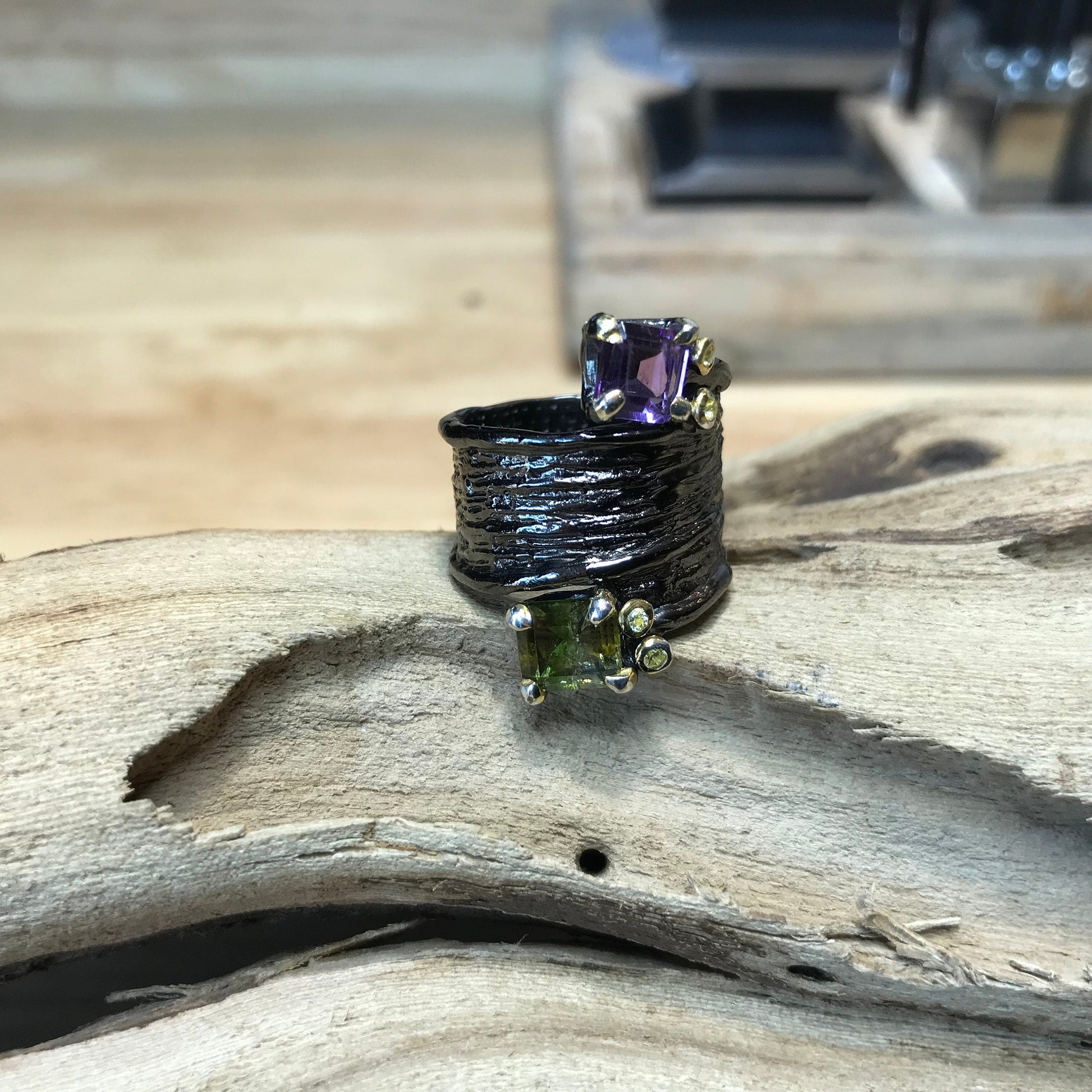 Sterling Silver Statement tourmaline  Amethyst band  ring 7 Colors Of Etnika