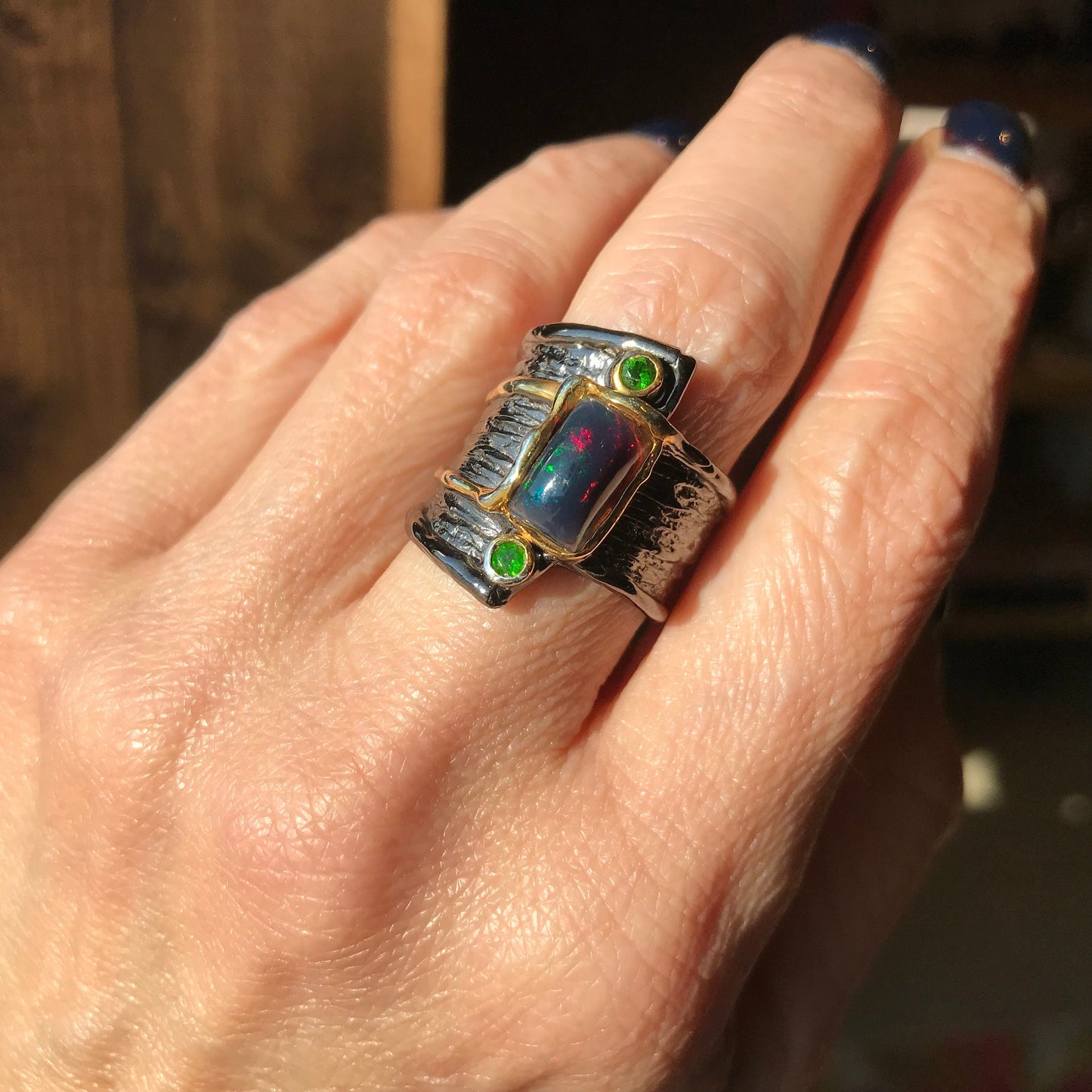 sterling silver natural fire rainbow black opal band Etnika ring 7.5 Colors Of Etnika