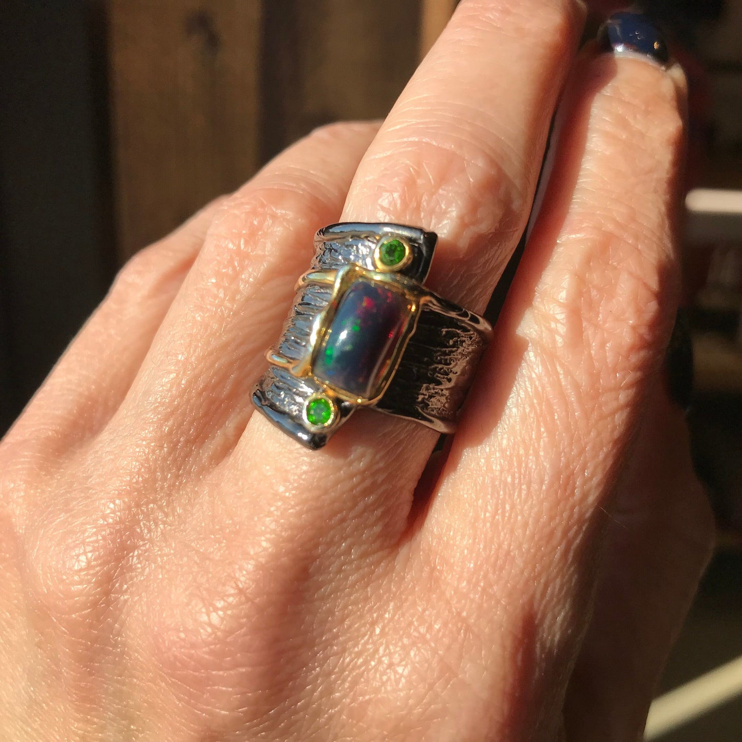 sterling silver natural fire rainbow black opal band Etnika ring 7.5 Colors Of Etnika