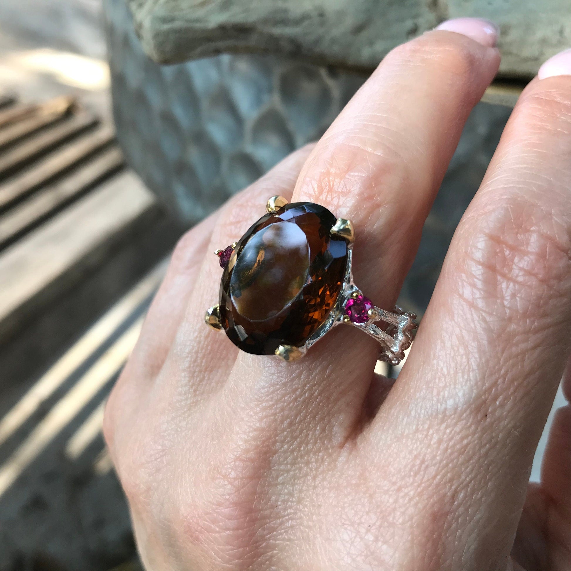 sterling silver cognac quartz  brutalist statement ring 9 Colors Of Etnika