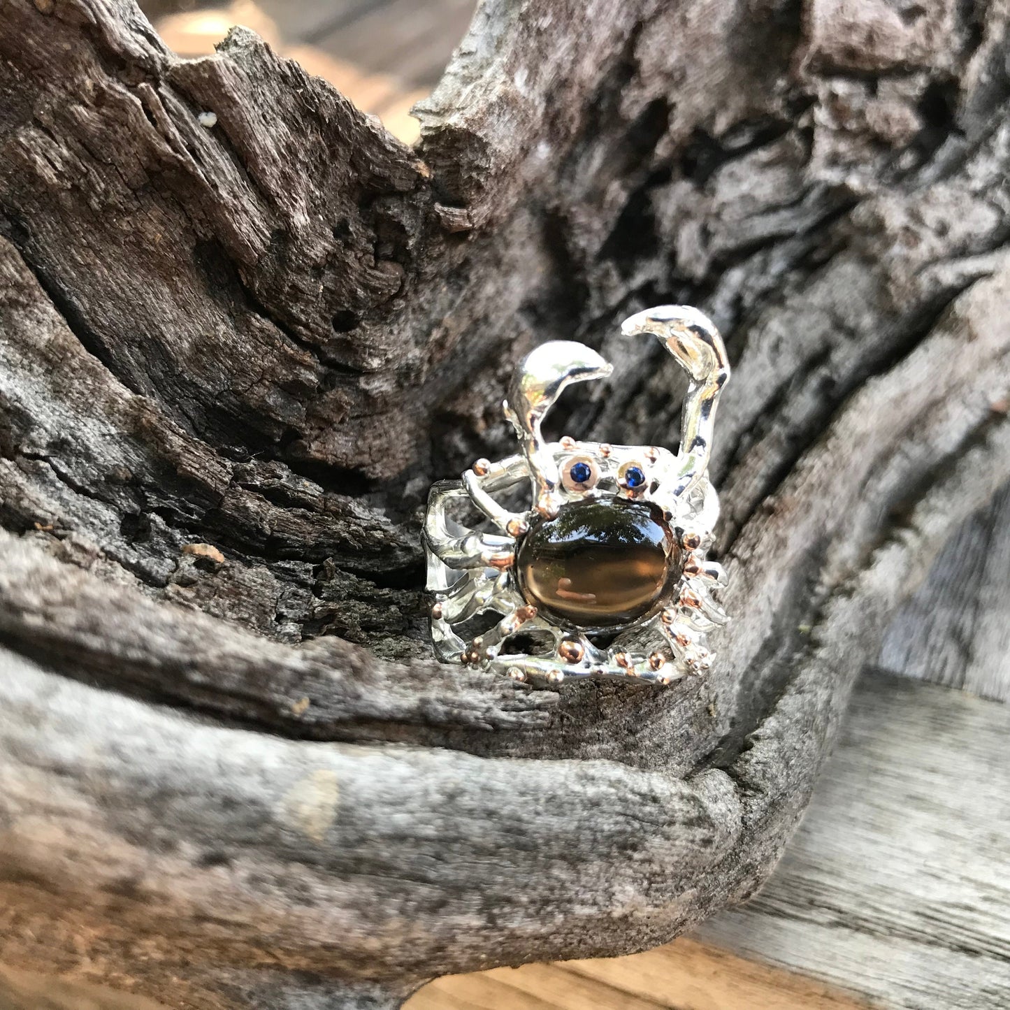 Sterling  silver Smokey Quartz crab statement Ring 5.5