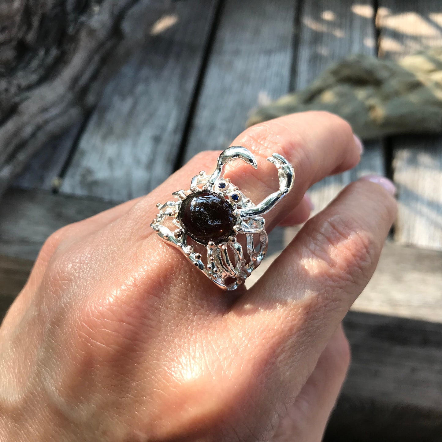 Sterling  silver Smokey Quartz crab statement Ring 5.5