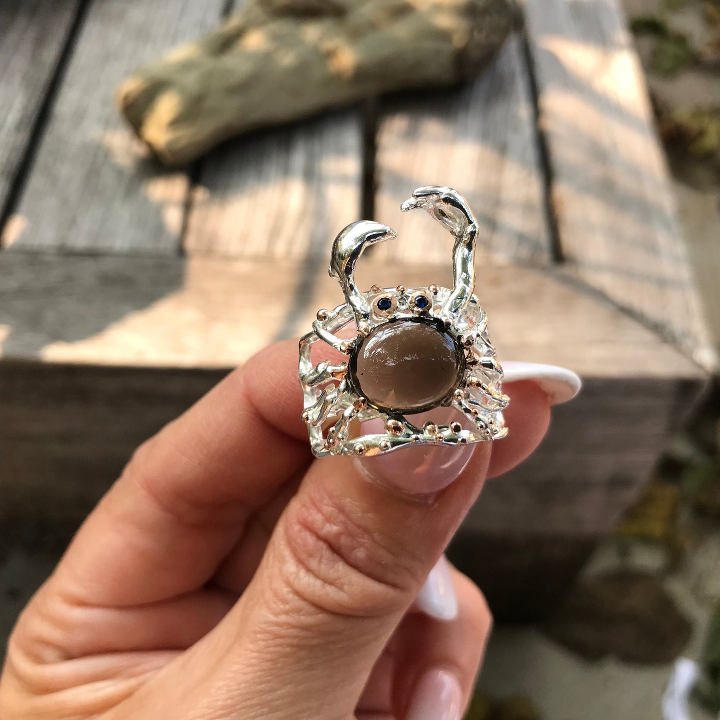 Sterling  silver Smokey Quartz crab statement Ring 5.5