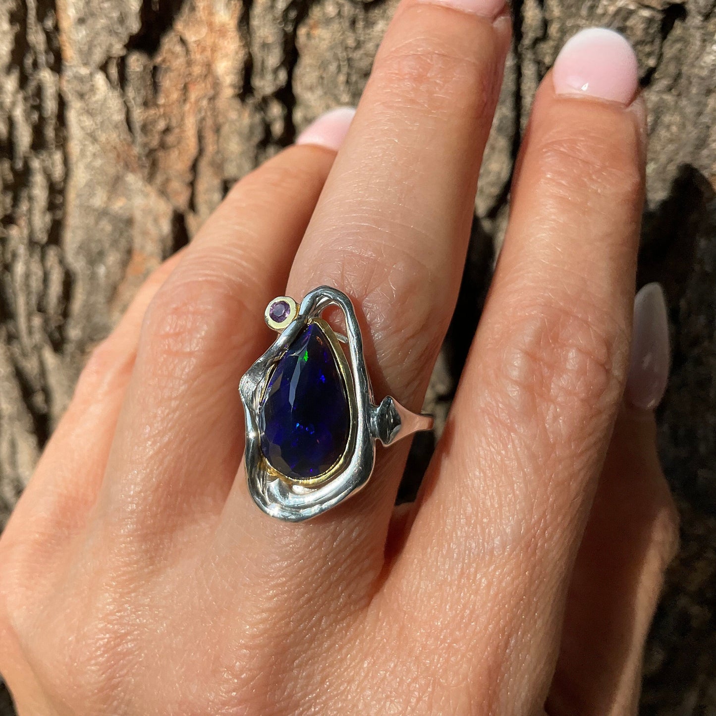 sterling silver natural Blue fire opal modernist band ring 8.5 Colors Of Etnika