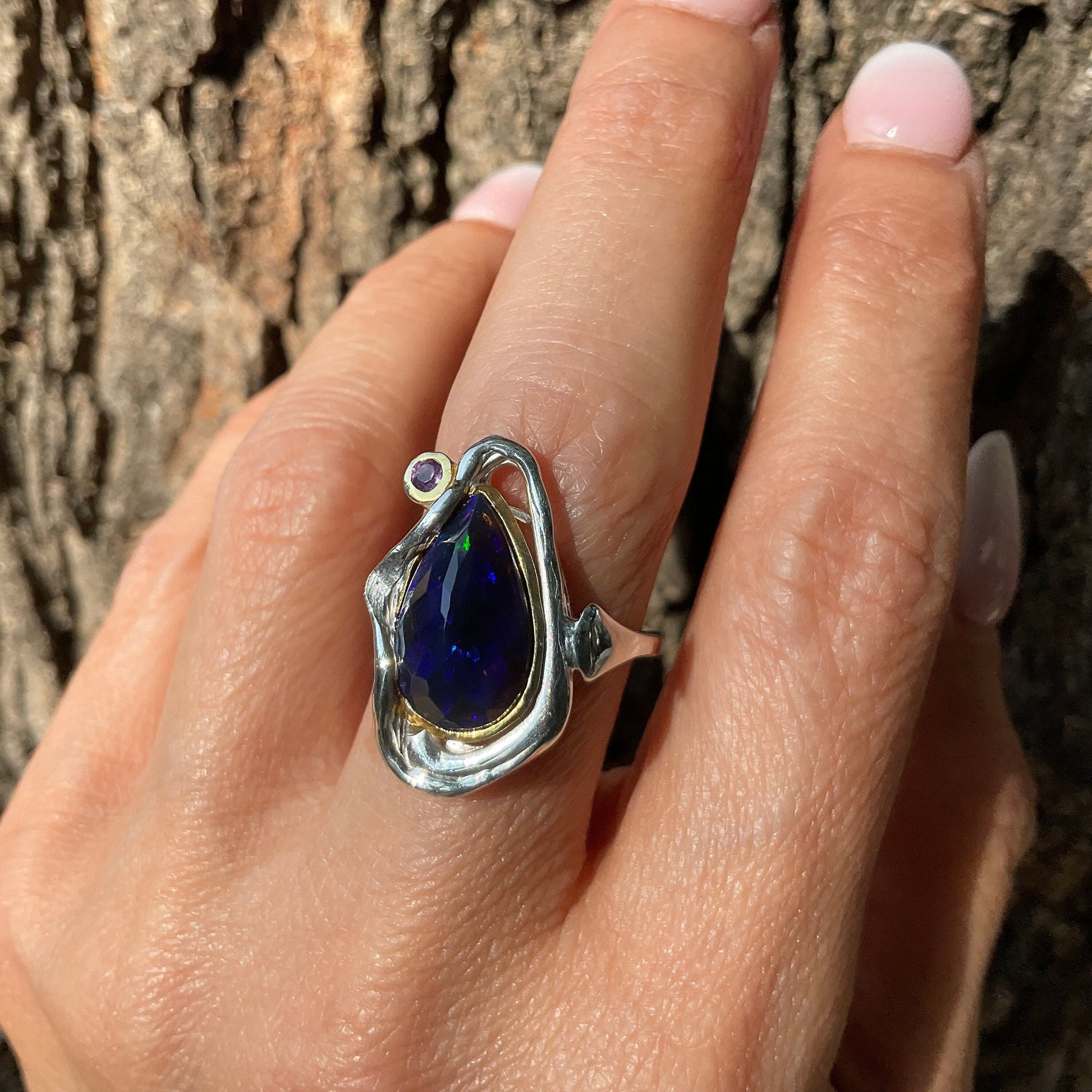 sterling silver natural Blue fire opal modernist band ring 8.5 Colors Of Etnika