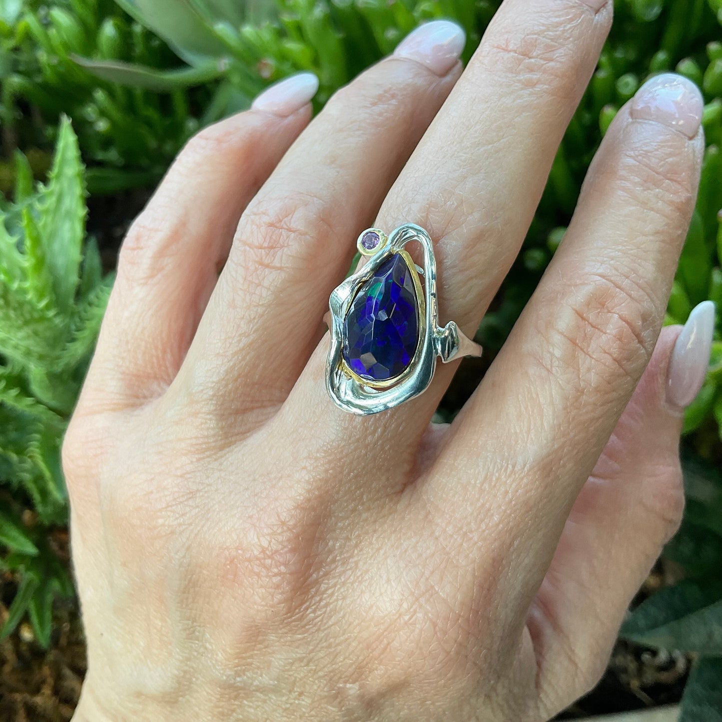 sterling silver natural Blue fire opal modernist band ring 8.5 Colors Of Etnika