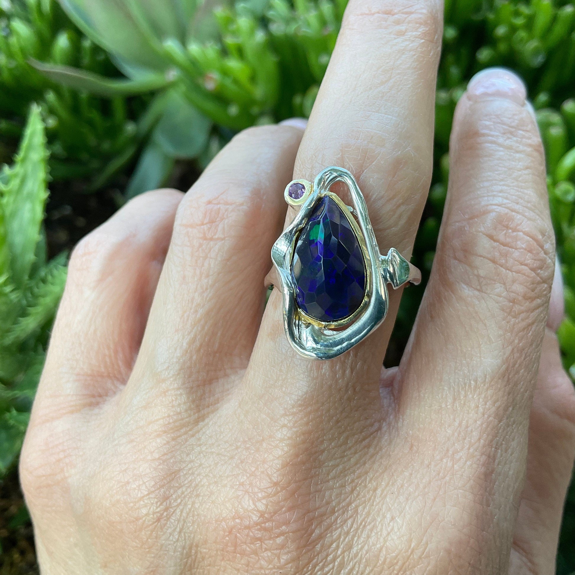 sterling silver natural Blue fire opal modernist band ring 8.5 Colors Of Etnika