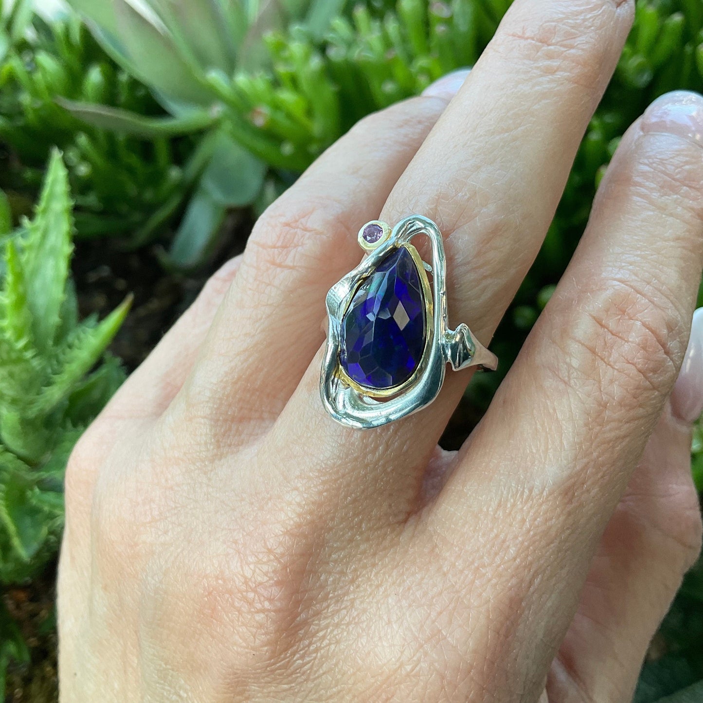 sterling silver natural Blue fire opal modernist band ring 8.5 Colors Of Etnika
