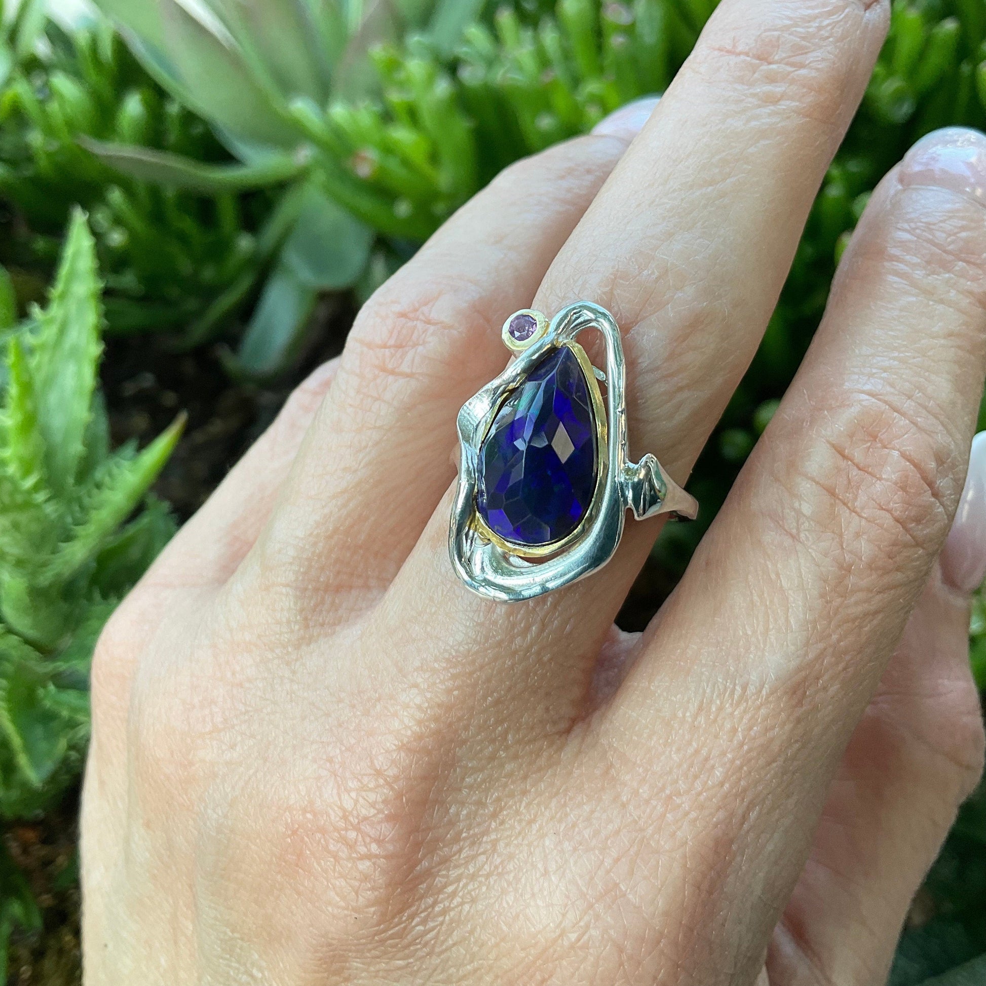 sterling silver natural Blue fire opal modernist band ring 8.5 Colors Of Etnika
