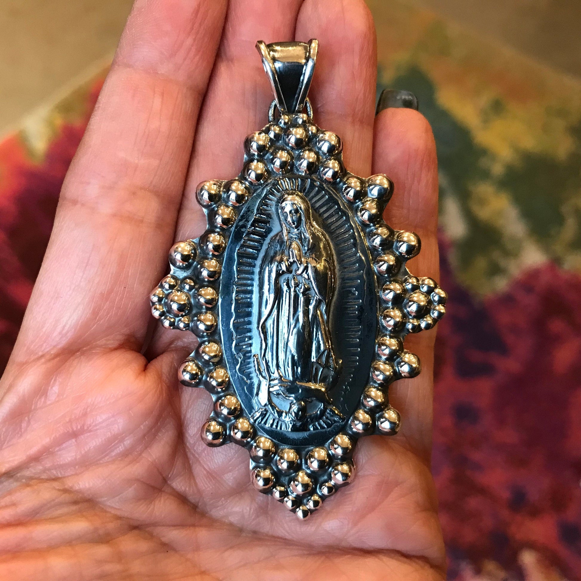 Sterling Silver Madonna Virgen de Guadalupe huge oversize  pendant Colors Of Etnika