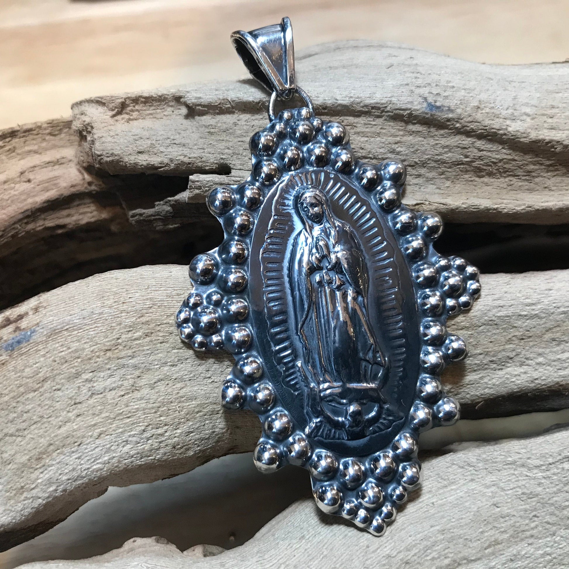 Sterling Silver Madonna Virgen de Guadalupe huge oversize  pendant Colors Of Etnika