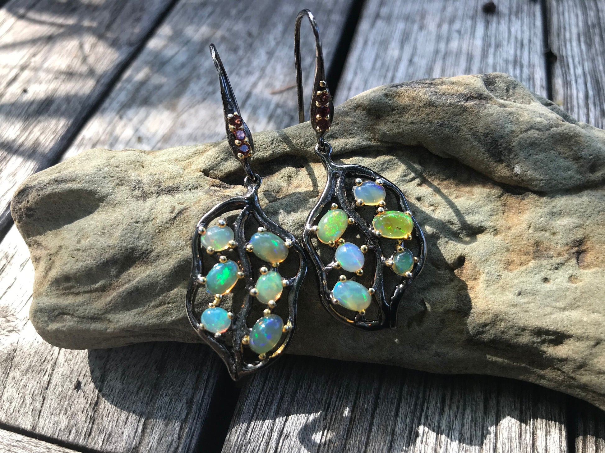 sterling silver Rainbow cluster Natural opal  earrings Colors Of Etnika