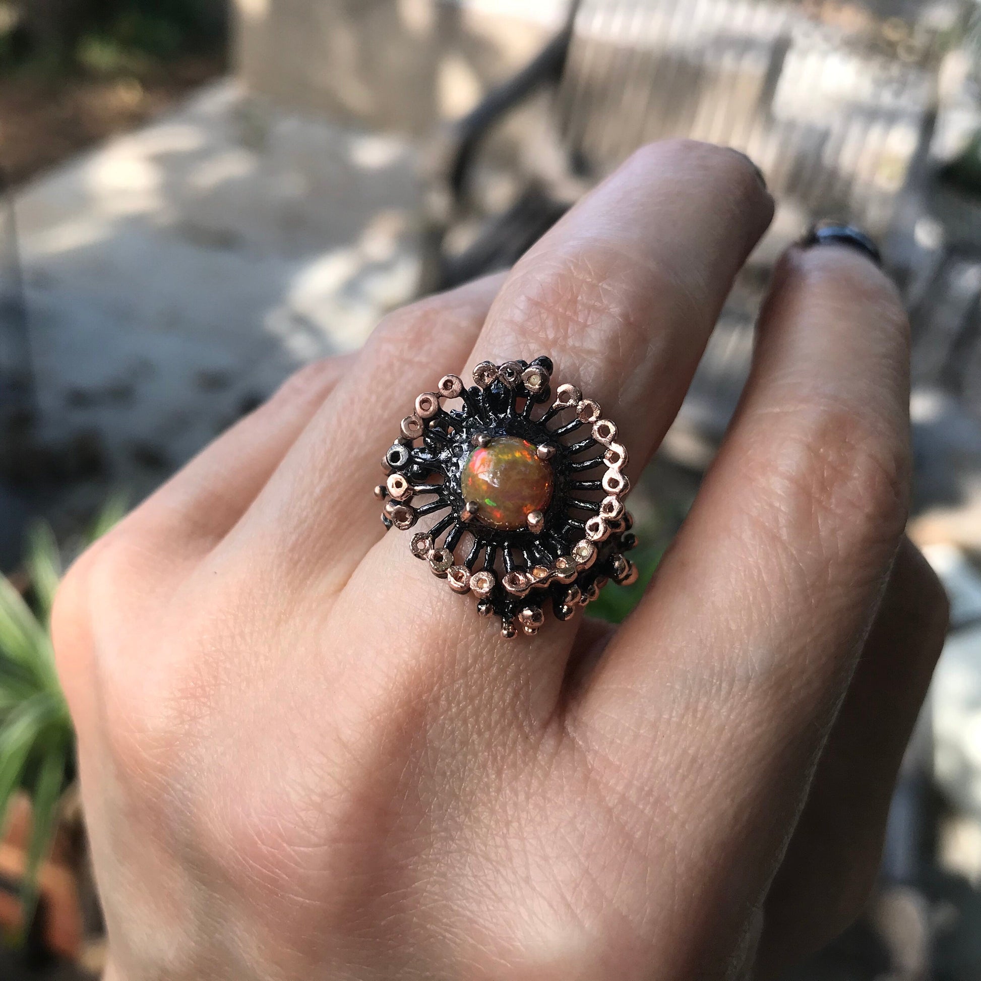 Natural Orange Rainbow opal  organic abstract Sterling Silver Ring 6.5 Colors Of Etnika