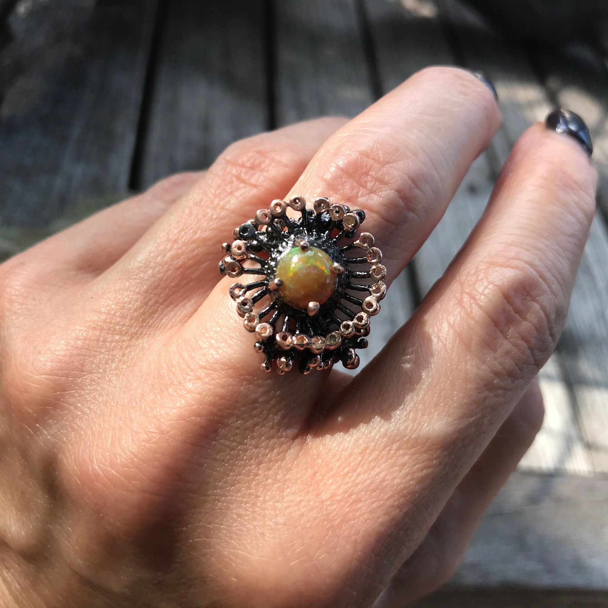 Natural Orange Rainbow opal  organic abstract Sterling Silver Ring 6.5 Colors Of Etnika