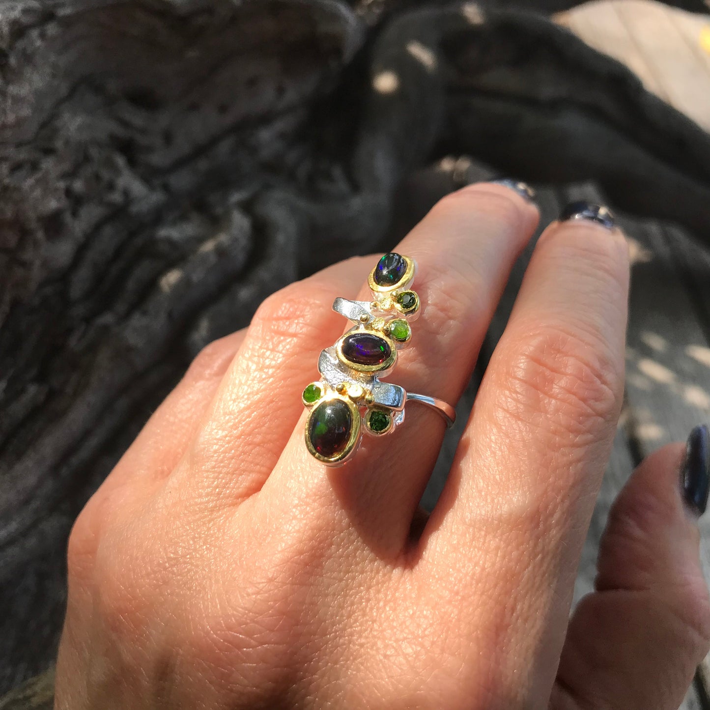 Sterling  Silver Natural Black Fire opal ring 7.5