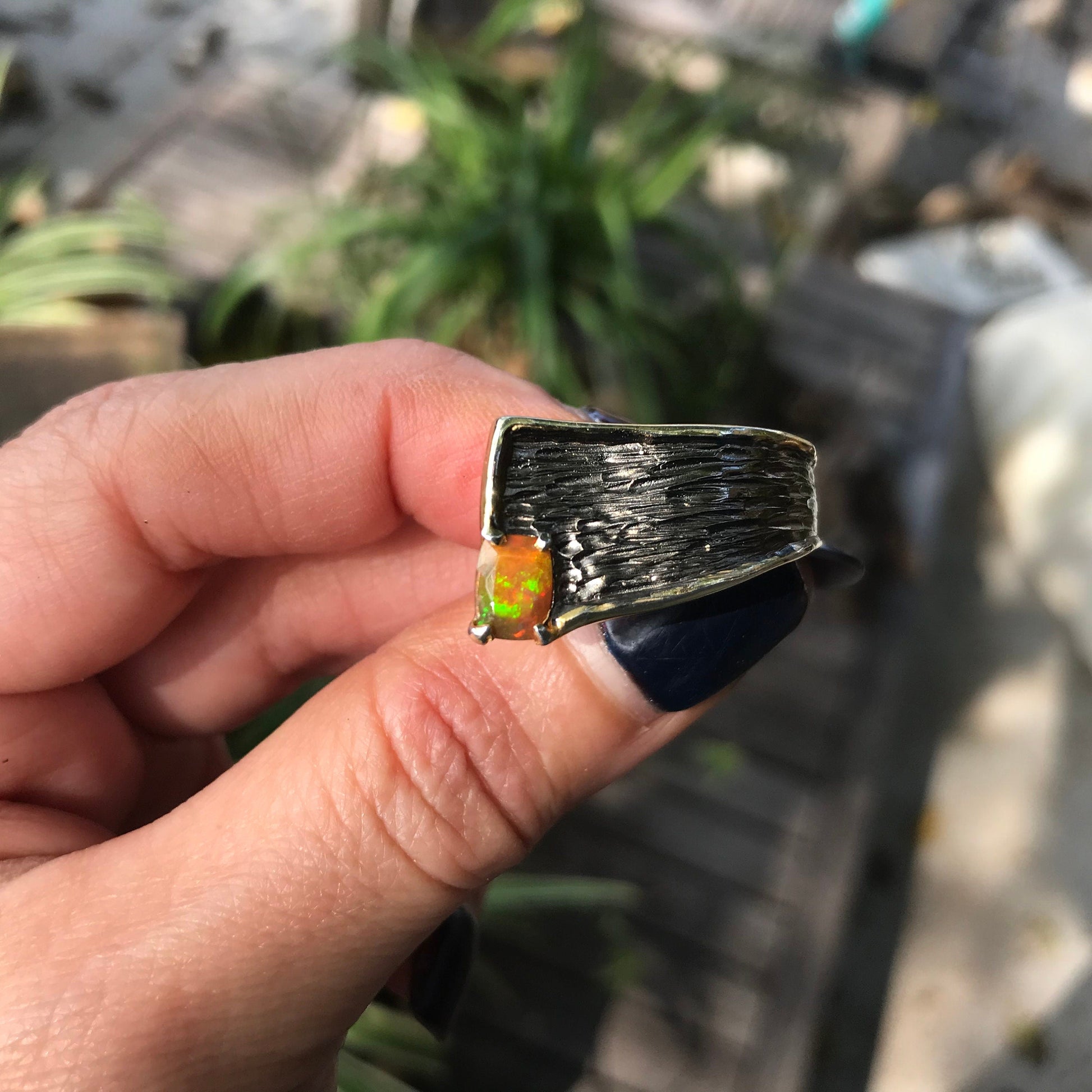 Natural Orange Rainbow opal modernist band Sterling Silver Ring 8.5 Colors Of Etnika
