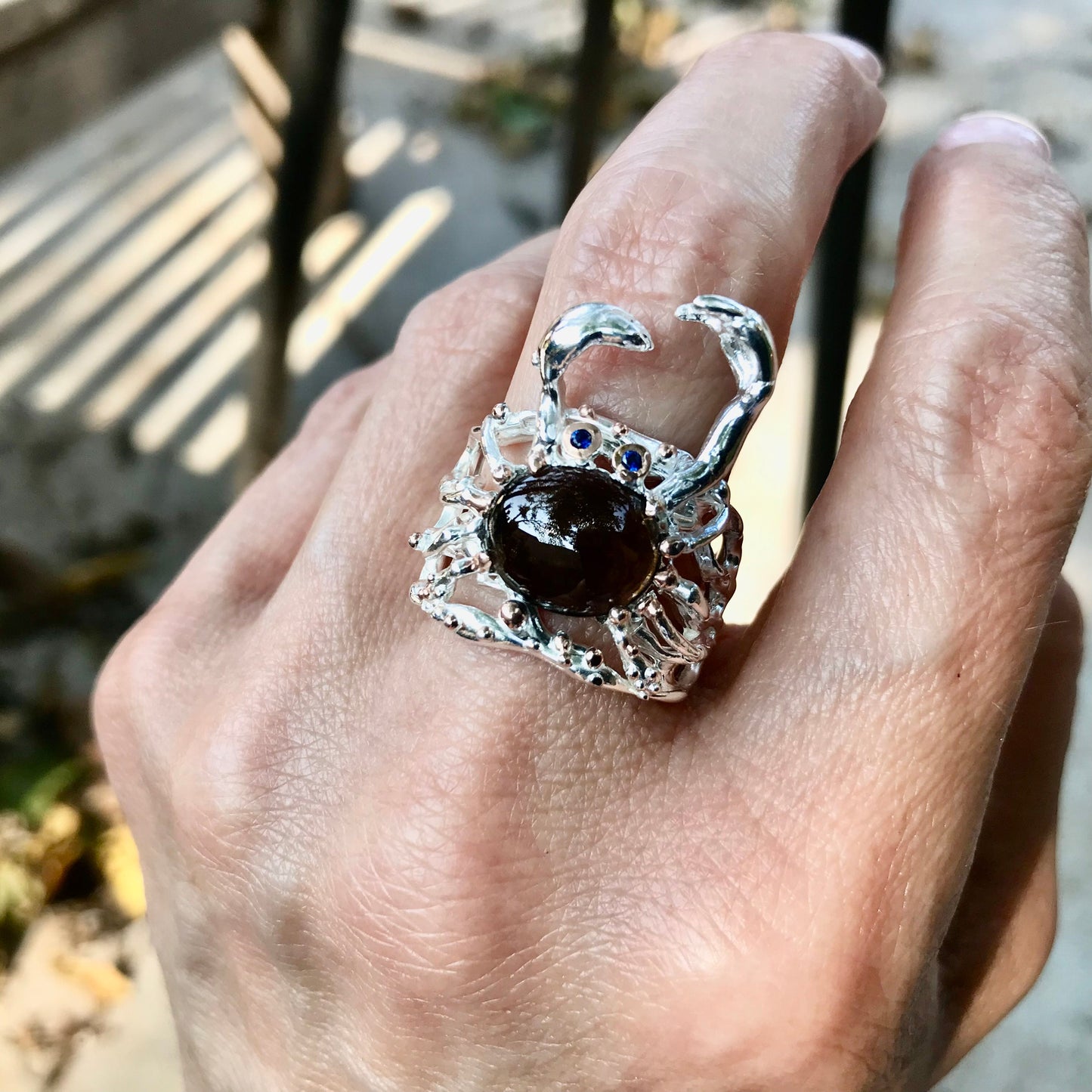 Sterling  silver Smokey Quartz crab statement Ring 5.5