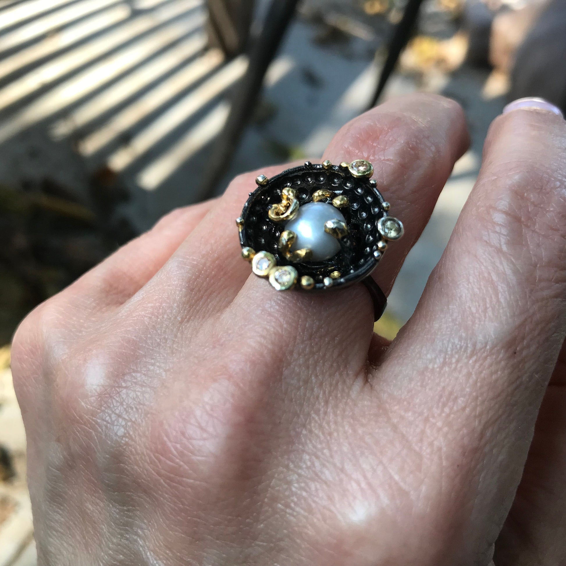 Handmade Sterling Silver White Pearl natural art Ring 6.5 Colors Of Etnika