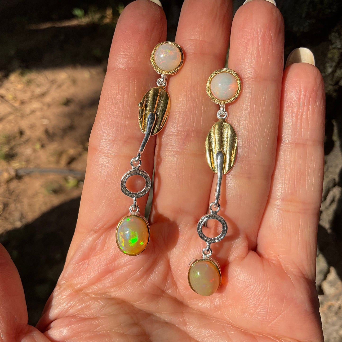 sterling silver Flash Natural opals Stud long  earrings Colors Of Etnika