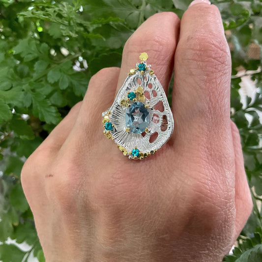 Sterling Silver abstract art blue topaz  ring handmade 9