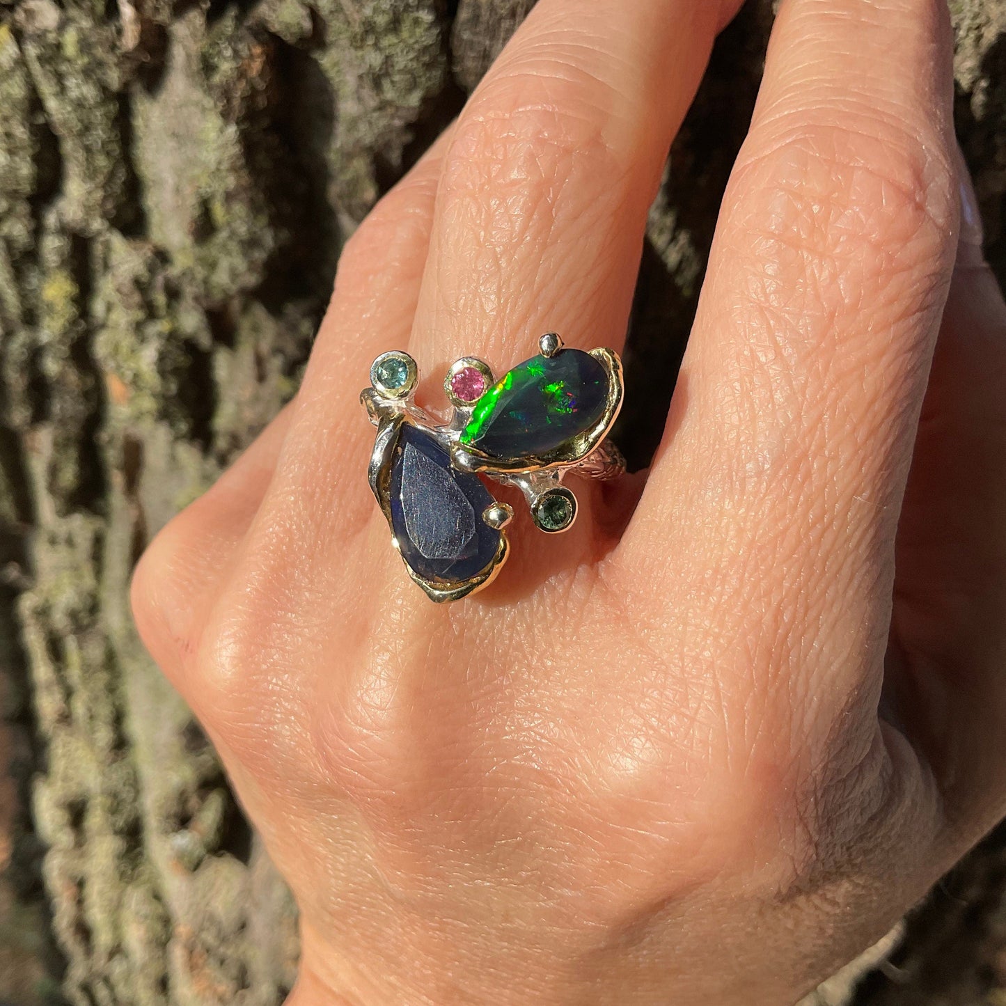 sterling silver mesmerizing  natural Blue  fire opal heirloom ring 7.5 Colors Of Etnika