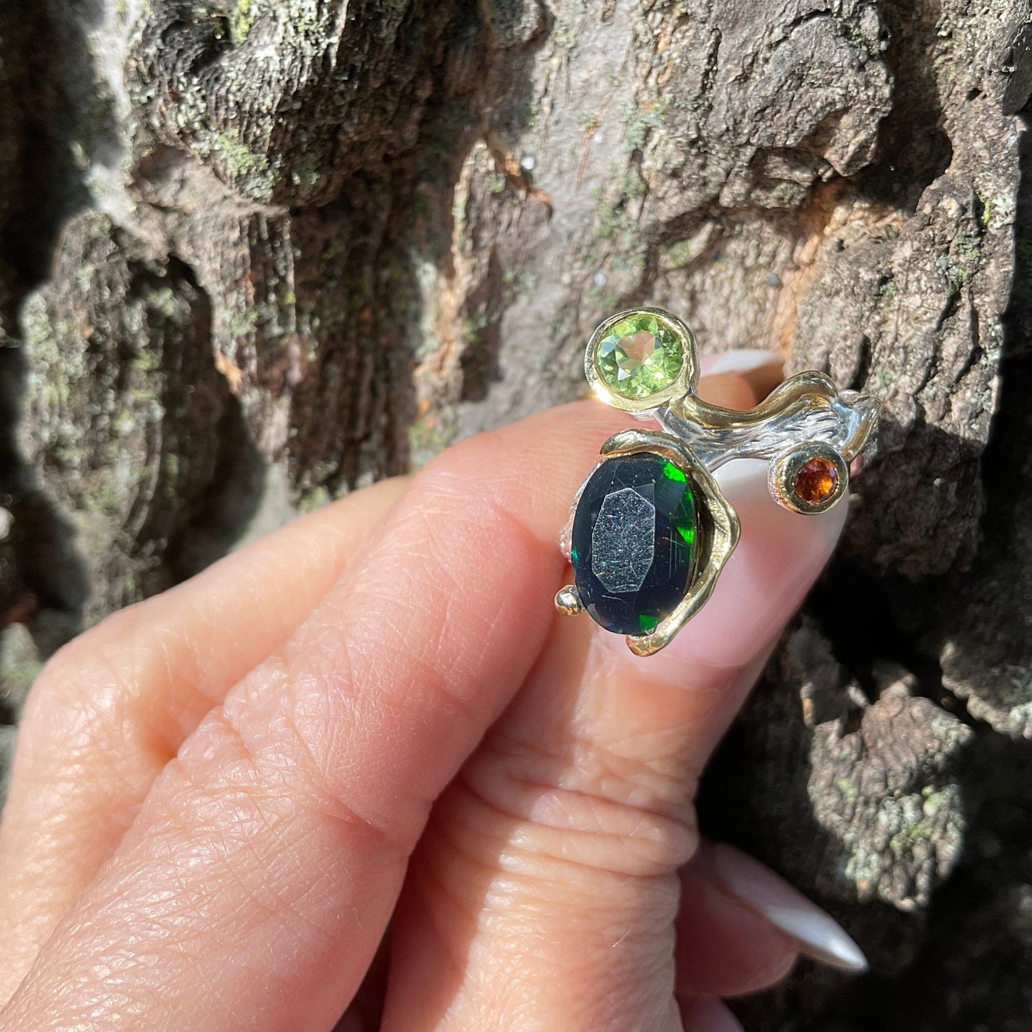 sterling silver peridot  citrine natural Blue fire opal twig ring 8 Colors Of Etnika