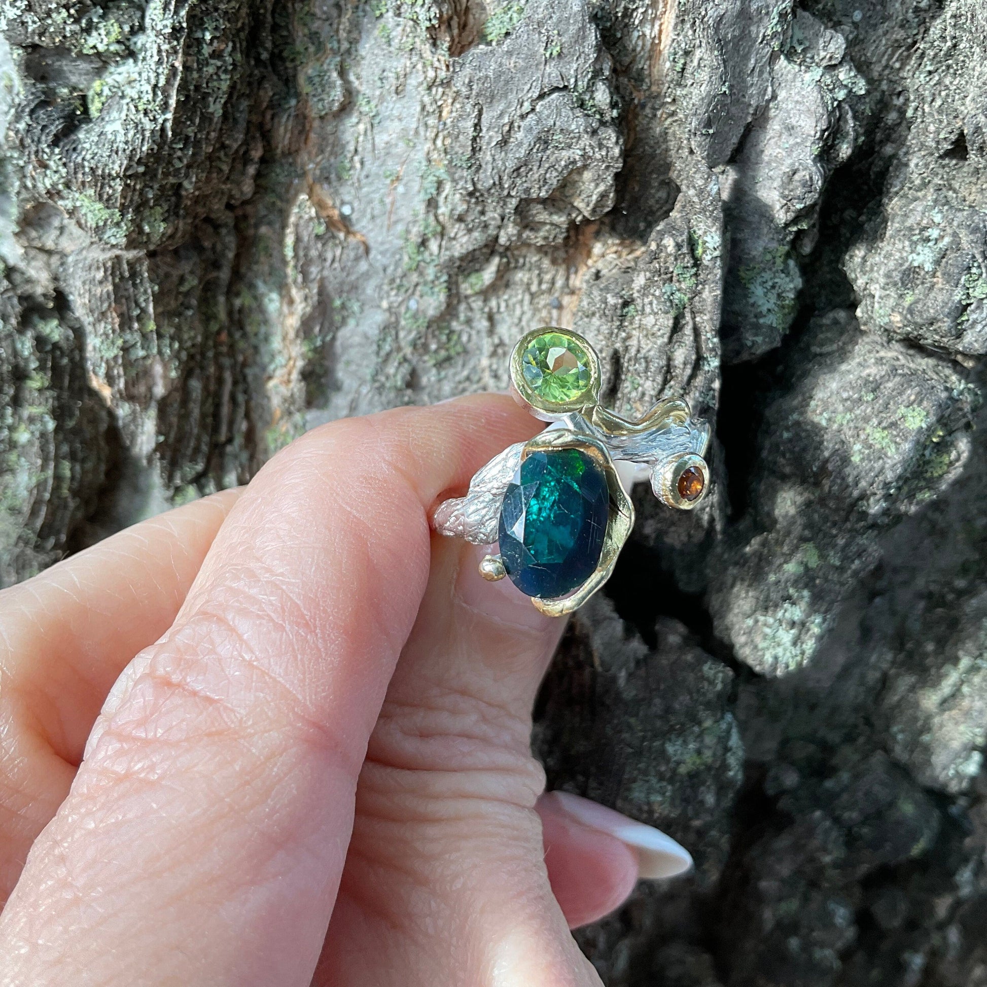 sterling silver peridot  citrine natural Blue fire opal twig ring 8 Colors Of Etnika