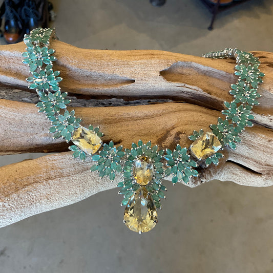 Sterling silver statement natural Emerald citrine Necklace collar choker