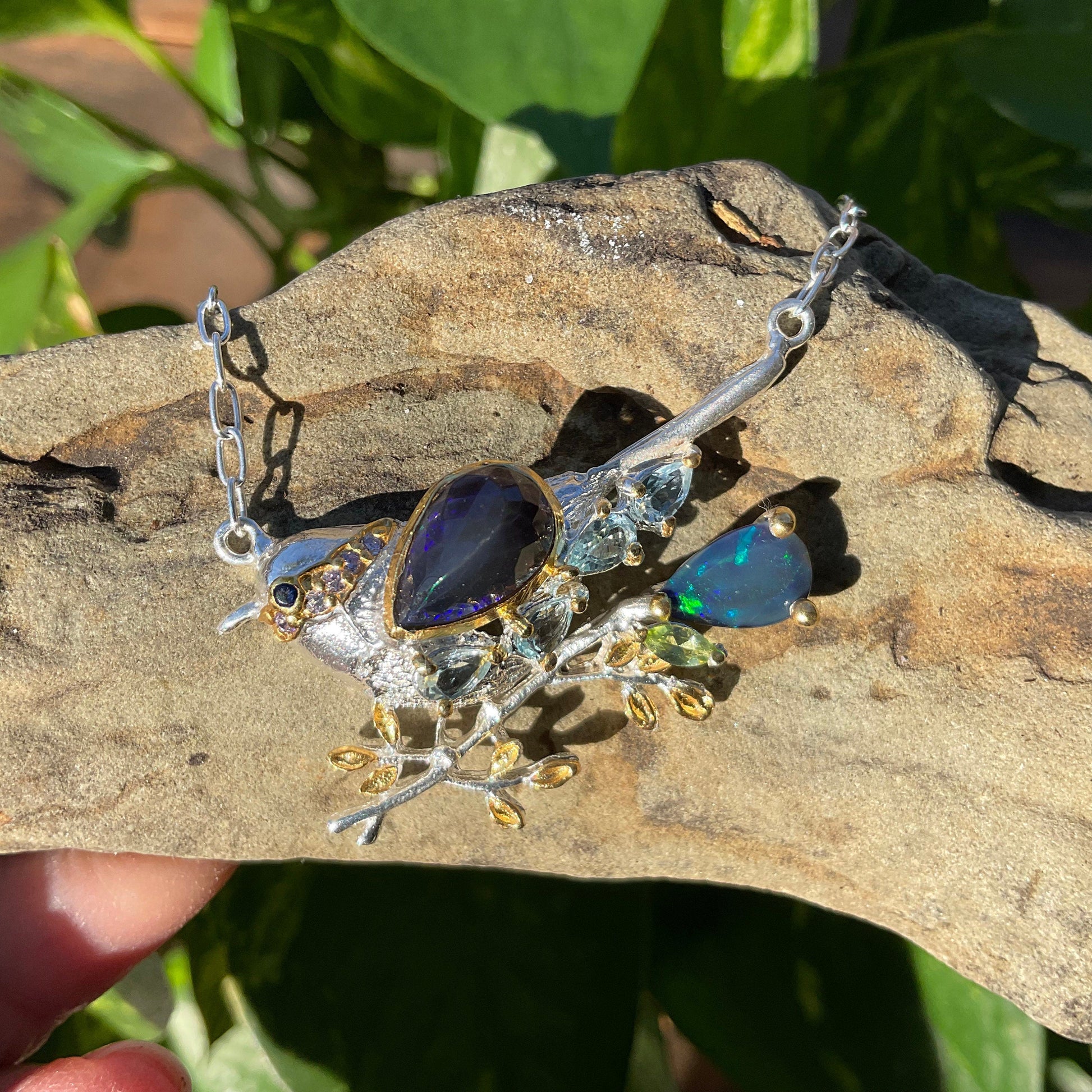 Sterling Silver Black rainbow Blue natural opal bird art Necklace Colors Of Etnika