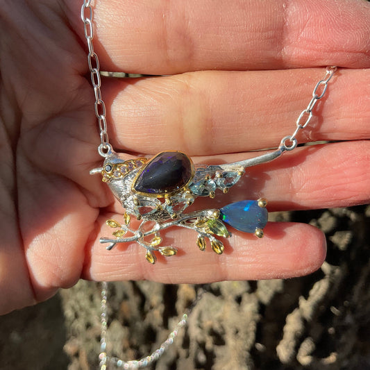 Sterling Silver Black rainbow Blue natural opal bird art Necklace