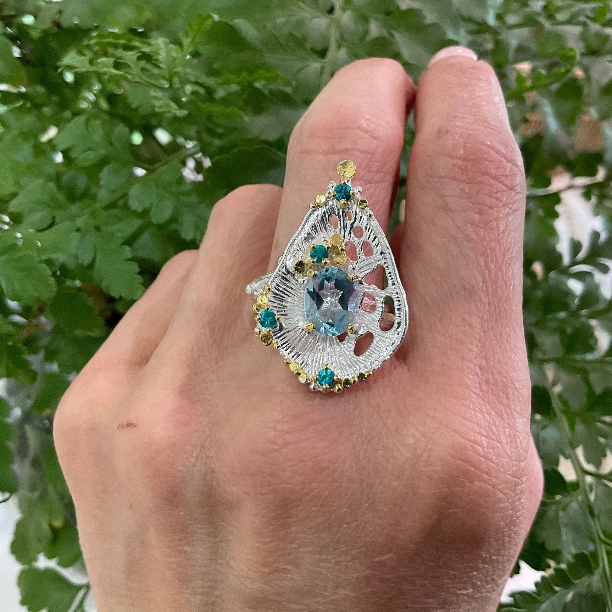 Sterling Silver abstract art blue topaz  ring handmade 9 Colors Of Etnika