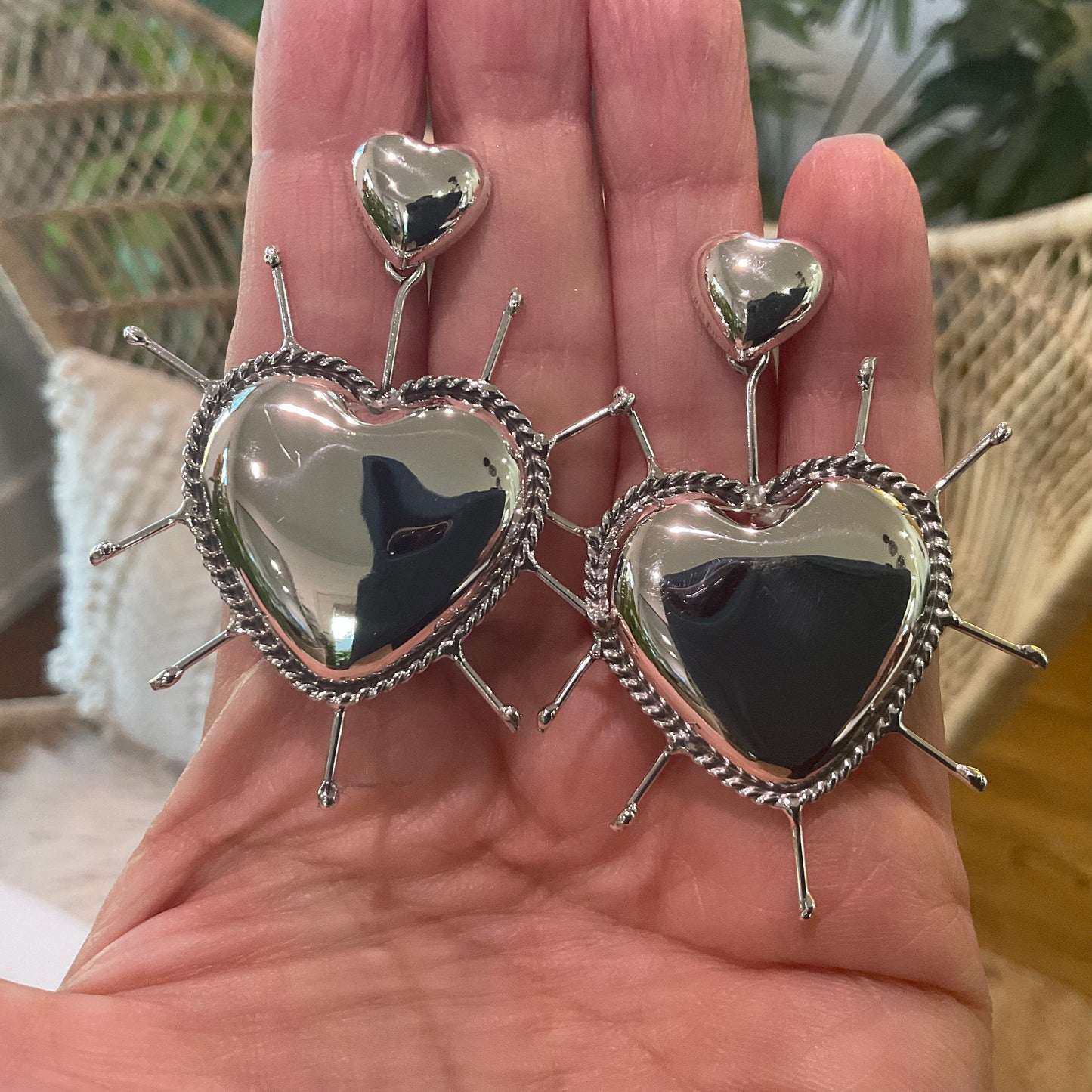 sterling silver Modernist oversize sacred heart Earrings