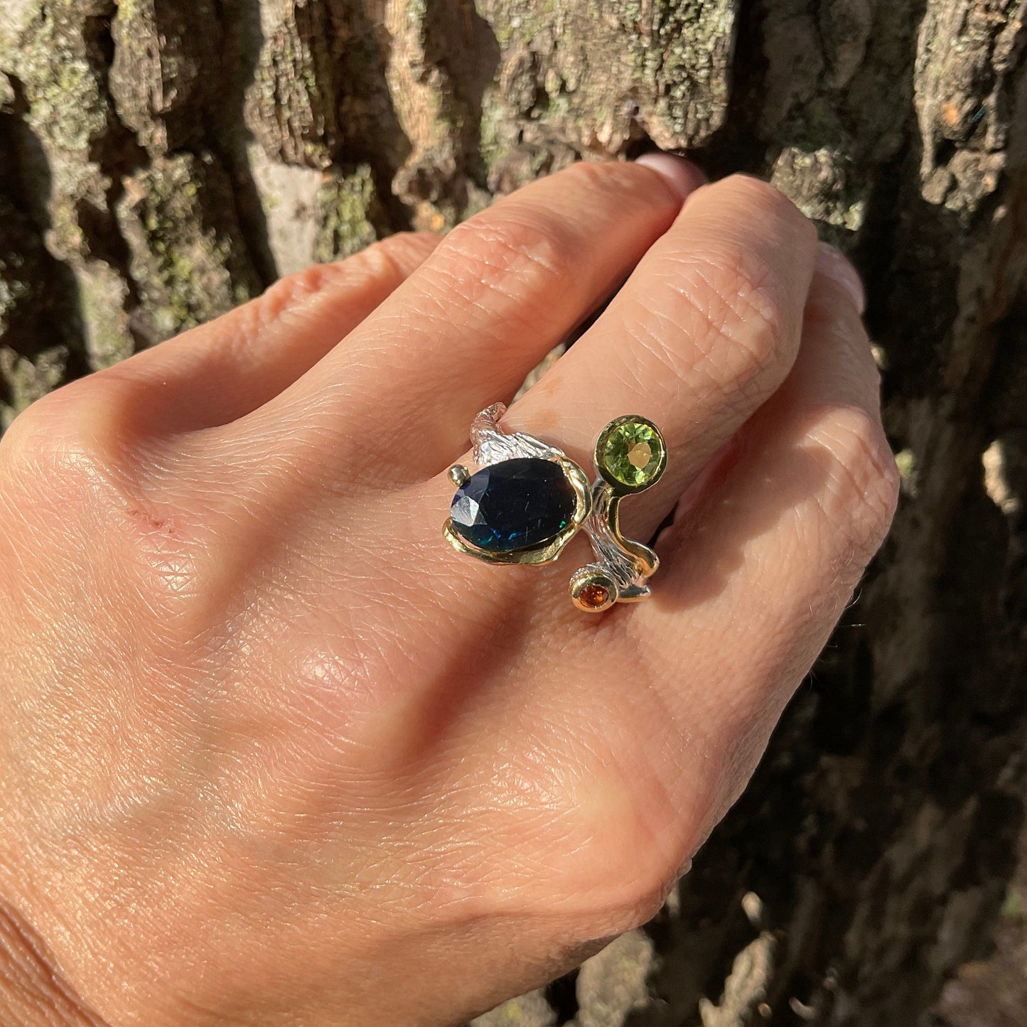 sterling silver peridot  citrine natural Blue fire opal twig ring 8 Colors Of Etnika