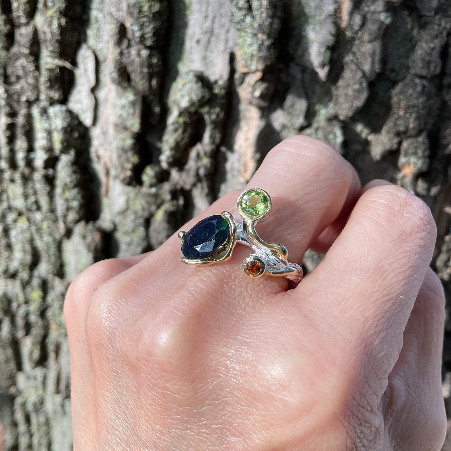sterling silver peridot  citrine natural Blue fire opal twig ring 8 Colors Of Etnika