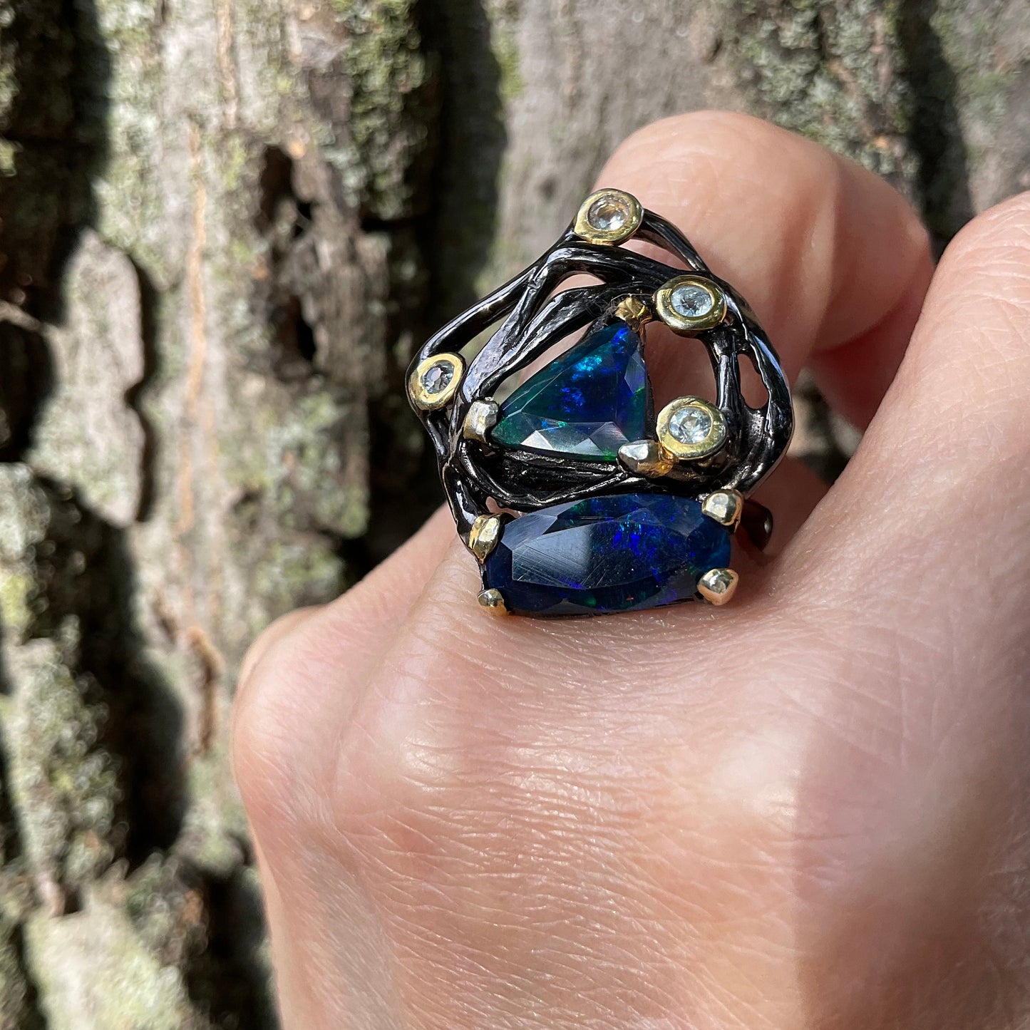 sterling silver mesmerizing  natural Blue  fire opal modernist ring 8.5