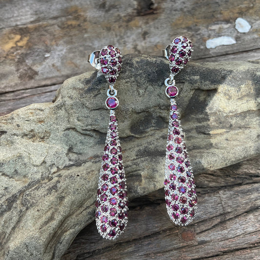 sterling silver natural rhodolite garnet Fancy  long dangle earrings
