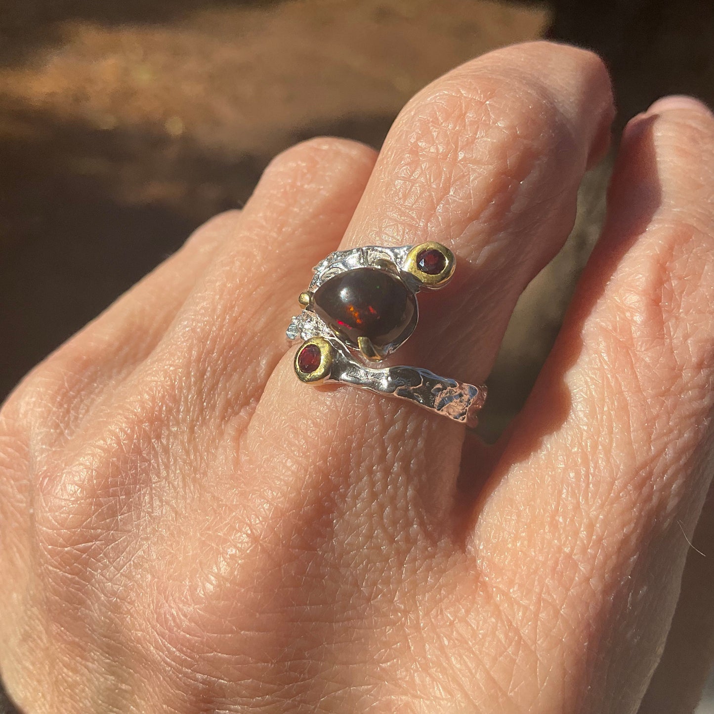 Sterling Silver Natural fire black opal band ring garnet  Ring 6.5