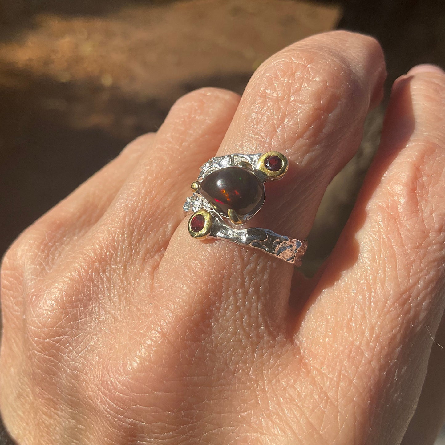 Sterling Silver Natural fire black opal band ring garnet  Ring 6.5