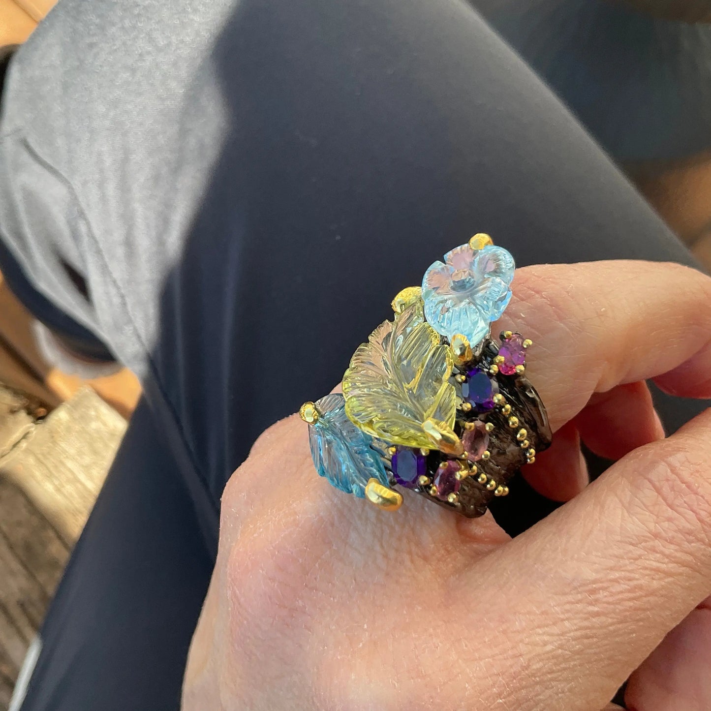 Sterling Silver Natural lemon quartz topaz carved art statement Ring 7.5 Colors Of Etnika