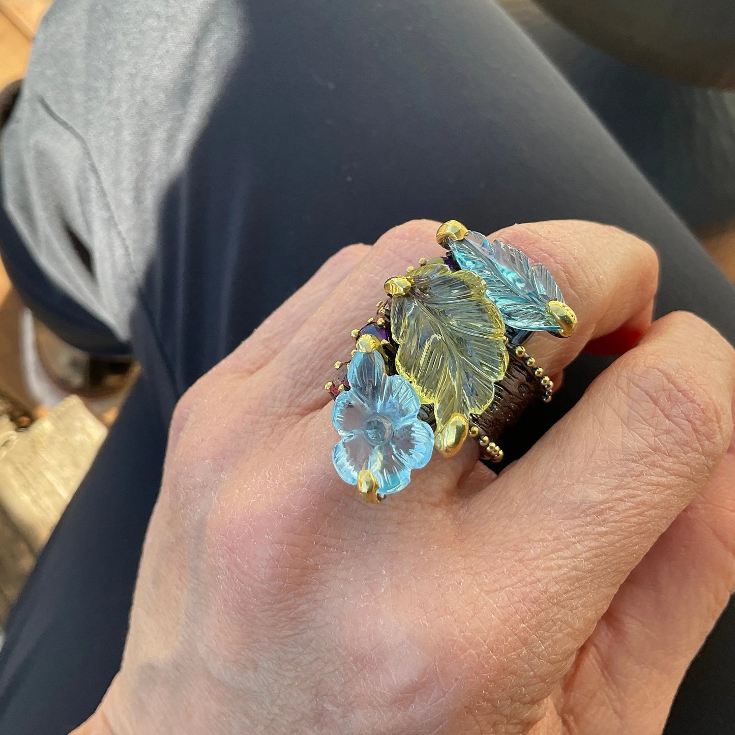 Sterling Silver Natural lemon quartz topaz carved art statement Ring 7.5 Colors Of Etnika