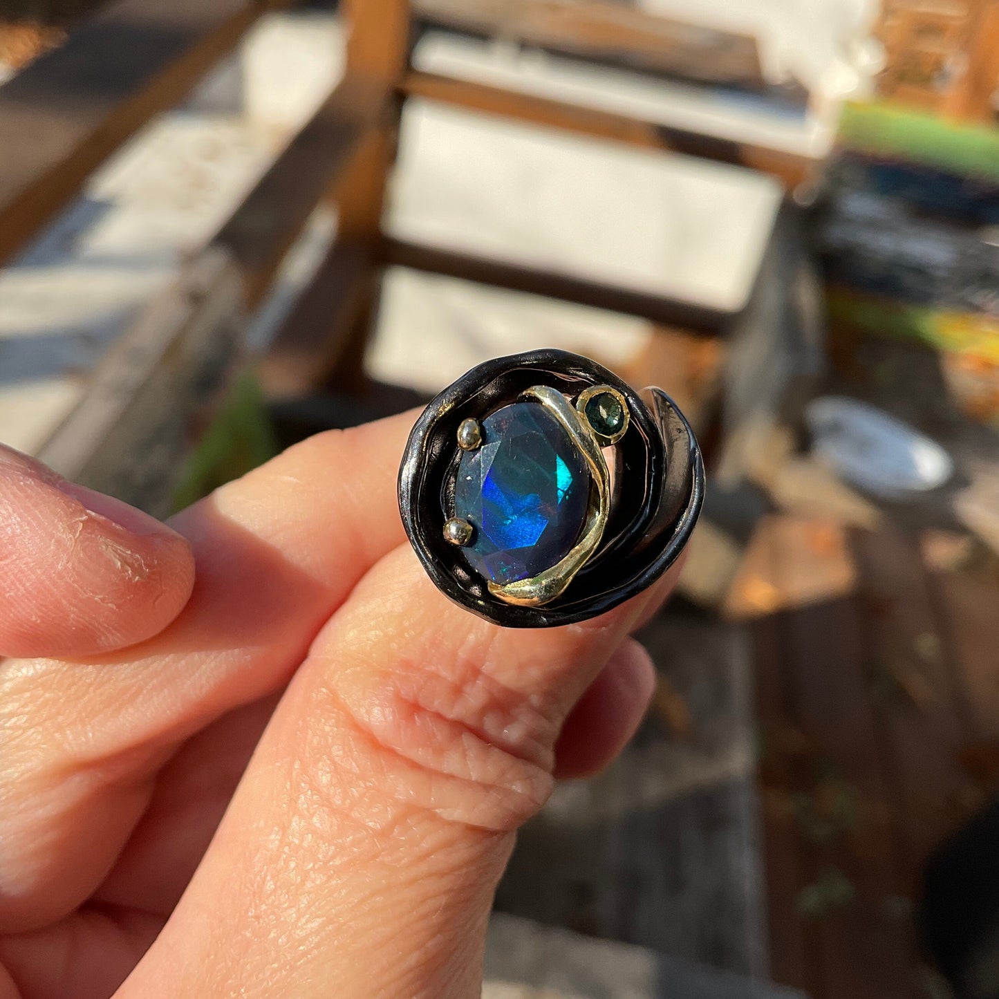 sterling silver natural Blue  fire  opal band ring 7.5 Colors Of Etnika