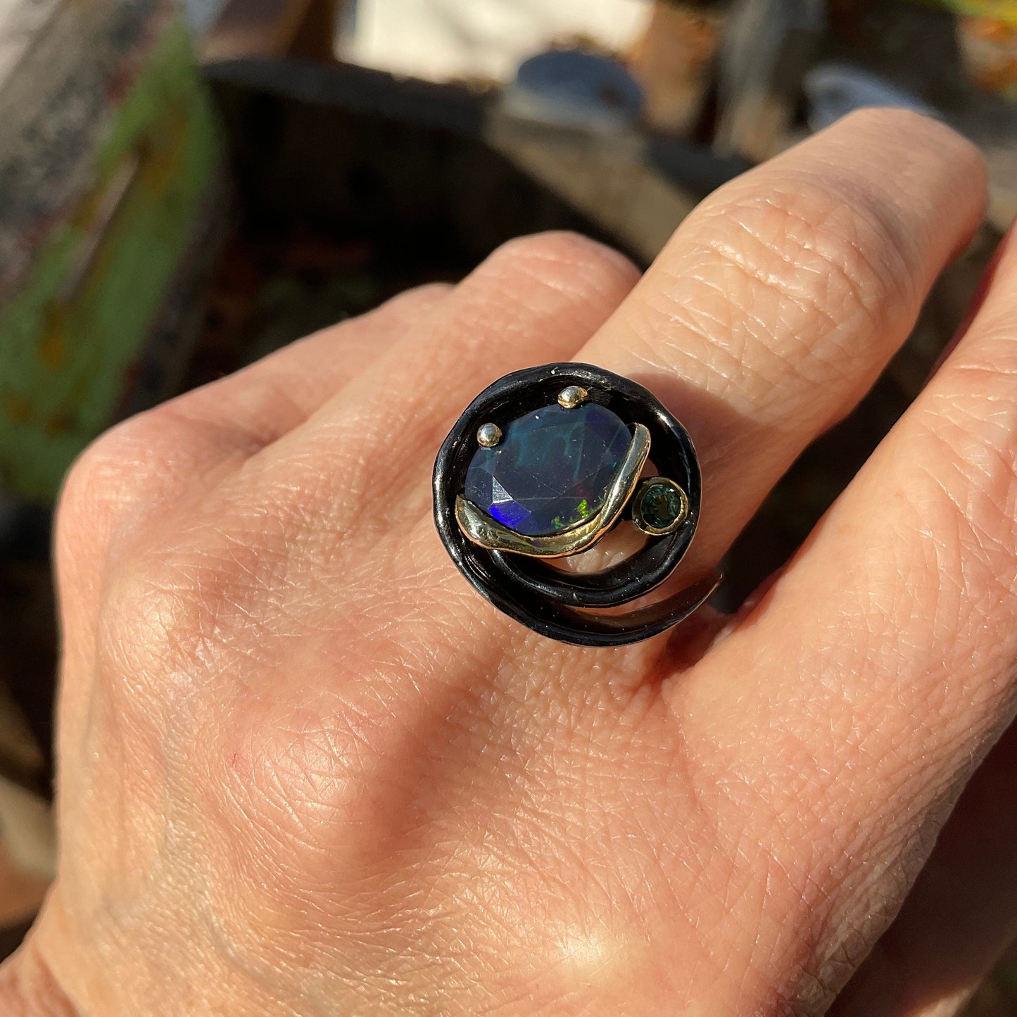 sterling silver natural Blue  fire  opal band ring 7.5 Colors Of Etnika