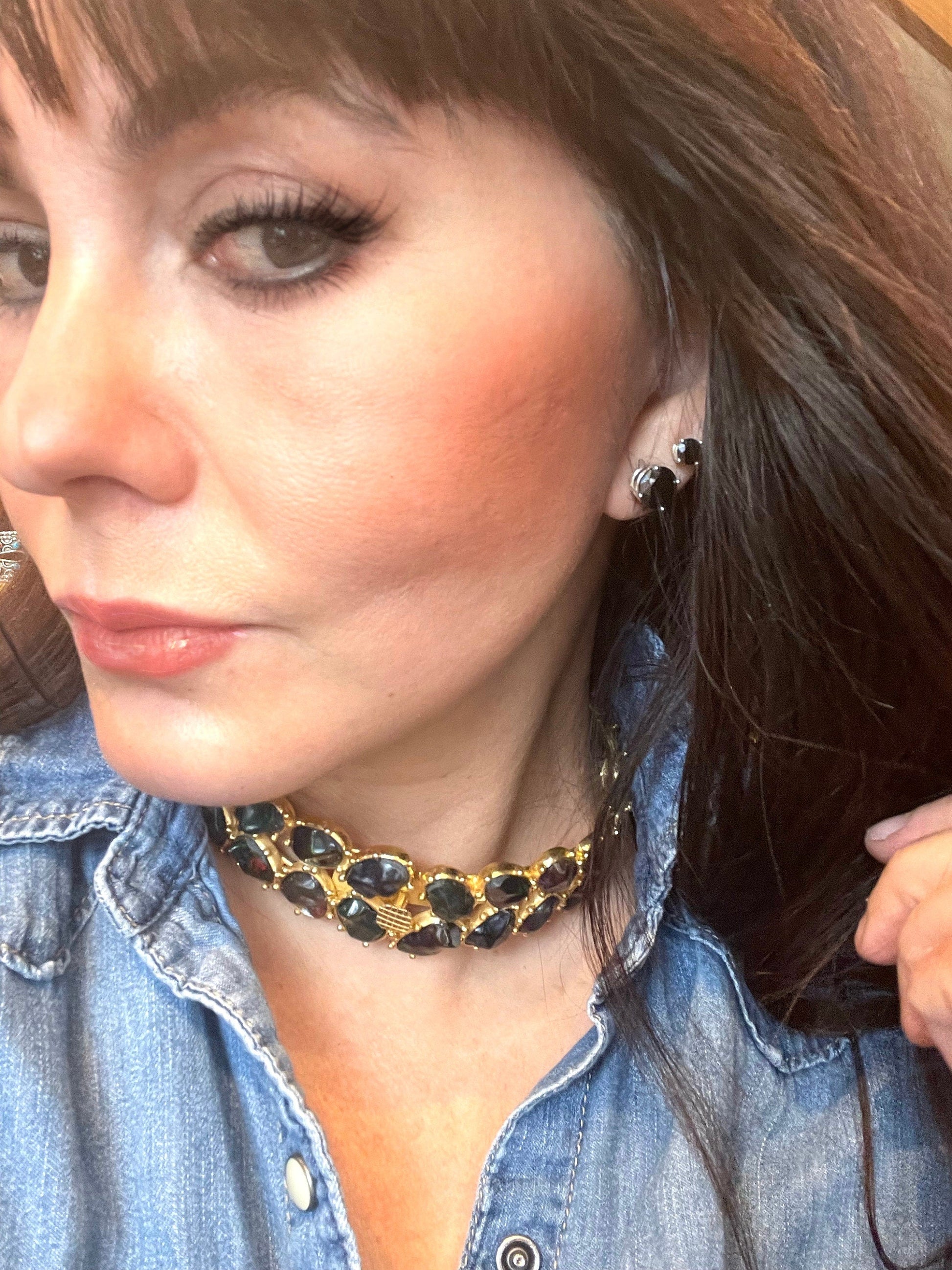 Sterling silver gold plated black fire opal collar choker necklace Colors Of Etnika