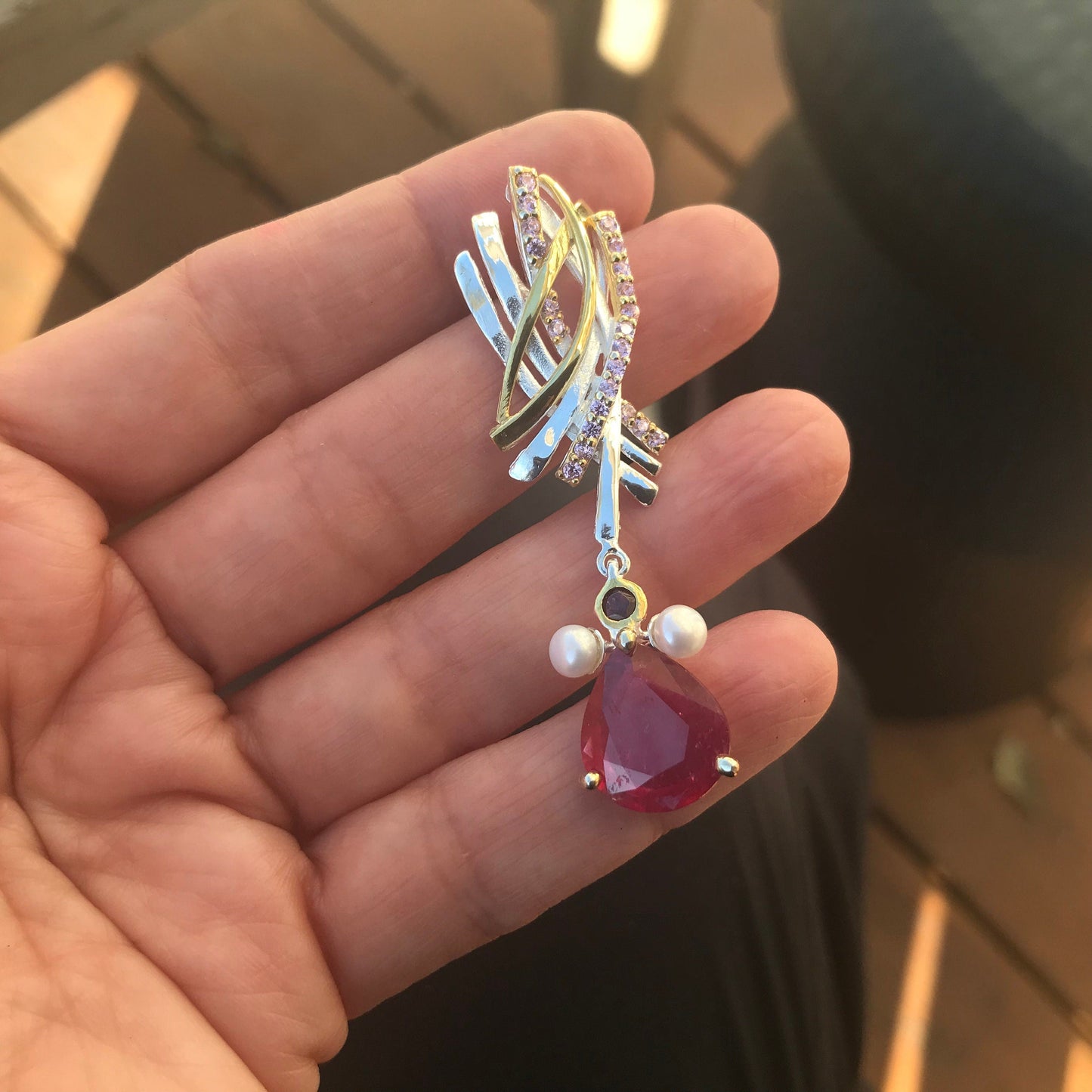 Sterling silver Natural Ruby rhodolite  pearl pendant fancy Colors Of Etnika