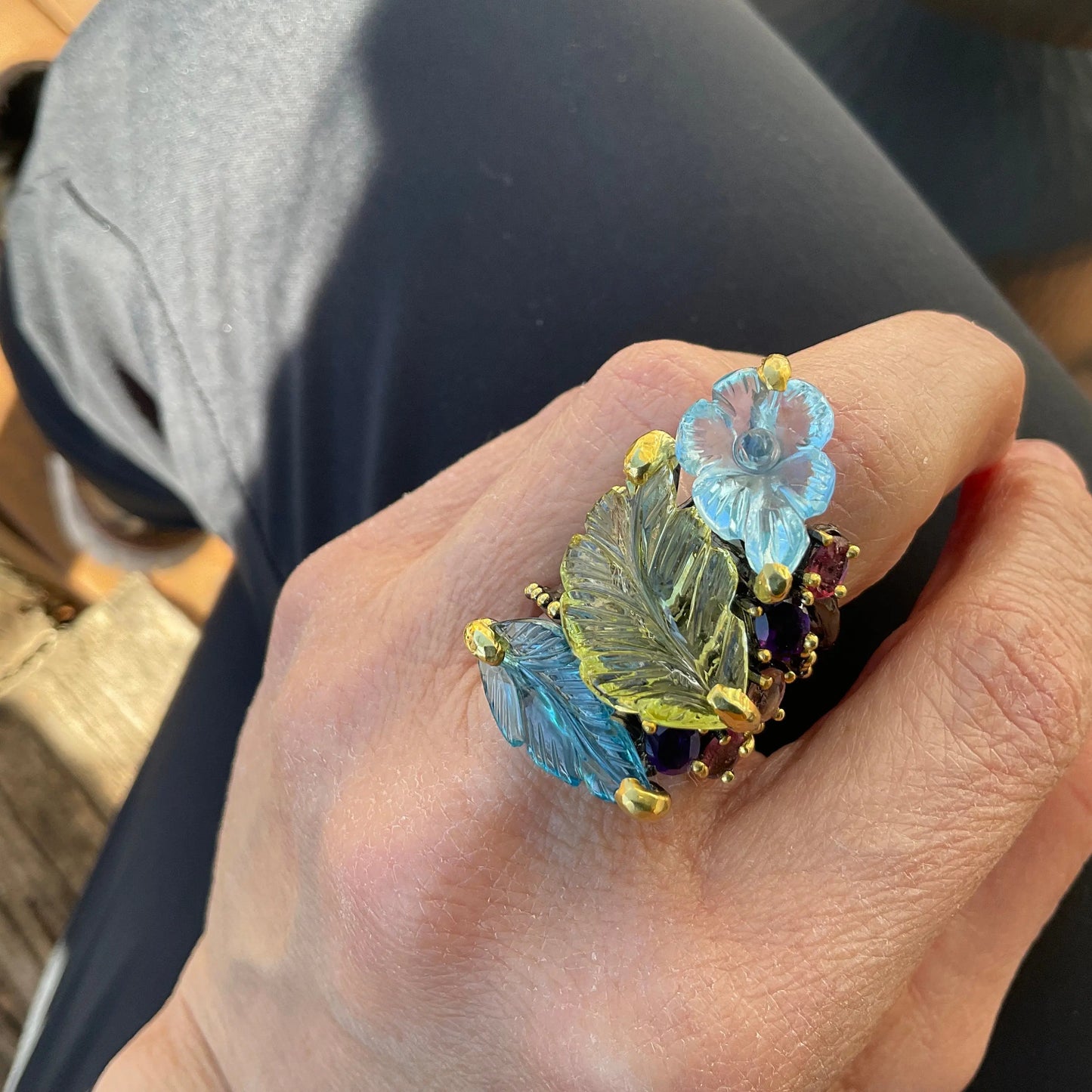 Sterling Silver Natural lemon quartz topaz carved art statement Ring 7.5 Colors Of Etnika