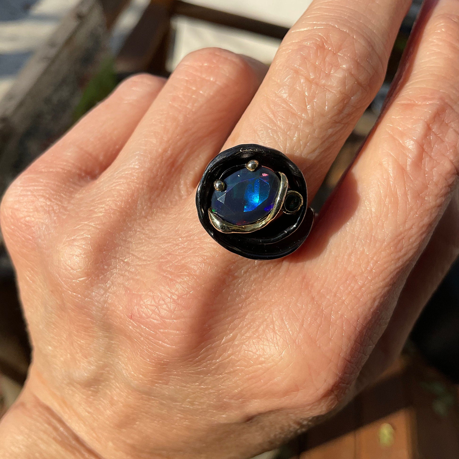 sterling silver natural Blue  fire  opal band ring 7.5 Colors Of Etnika