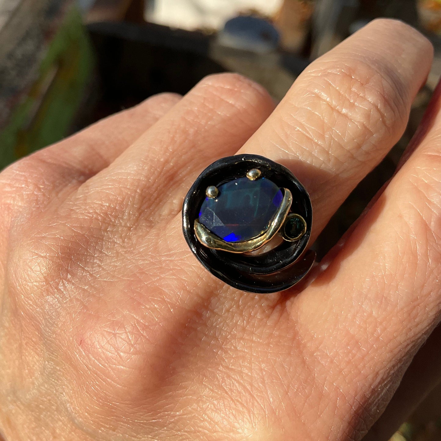 sterling silver natural Blue  fire  opal band ring 7.5 Colors Of Etnika